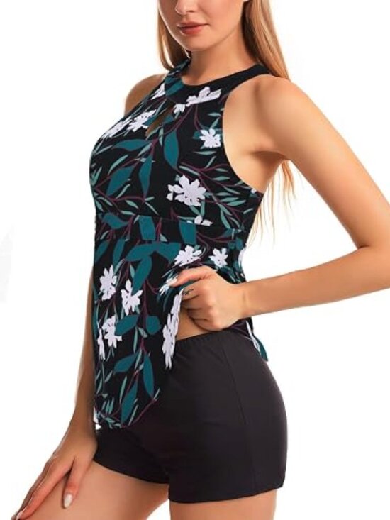 Septangle Other - Septangle Women's Tropical Blue & Black 2 Pc VNeck Tankini Boy Short Swimsuit-12